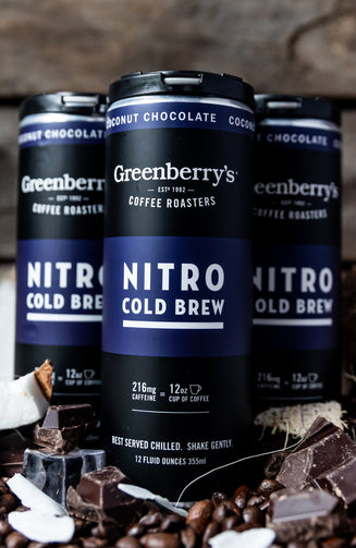 Greenberry’s Canned Nitro Coffee Coconut Chocolate – small-batch, hand-roasted craft coffee from the heart of the Blue Ridge Mountains of Charlottesville, VA. Central Virginia’s oldest continuously running coffee roaster, since 1992.