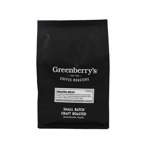 Greenberry’s Whole Bean Coffee Sumatra Decaf – small-batch, hand-roasted craft coffee from the heart of the Blue Ridge Mountains of Charlottesville, VA. Central Virginia’s oldest continuously running coffee roaster, since 1992.