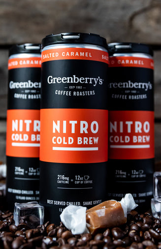 Greenberry’s Canned Nitro Coffee Salted Caramel – small-batch, hand-roasted craft coffee from the heart of the Blue Ridge Mountains of Charlottesville, VA. Central Virginia’s oldest continuously running coffee roaster, since 1992.