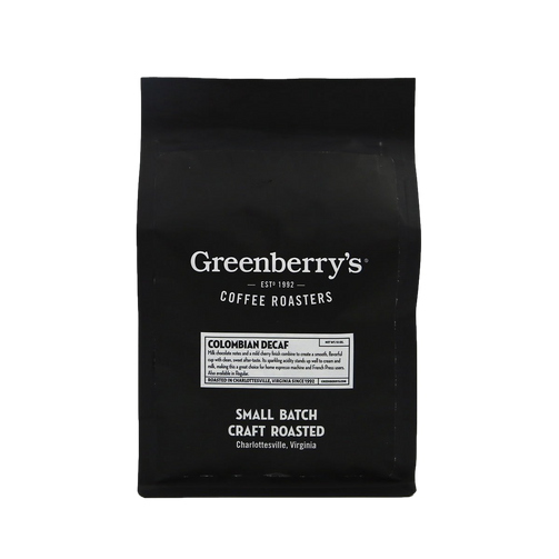 Greenberry’s Whole Bean Coffee Colombian Decaf – small-batch, hand-roasted craft coffee from the heart of the Blue Ridge Mountains of Charlottesville, VA. Central Virginia’s oldest continuously running coffee roaster, since 1992.
