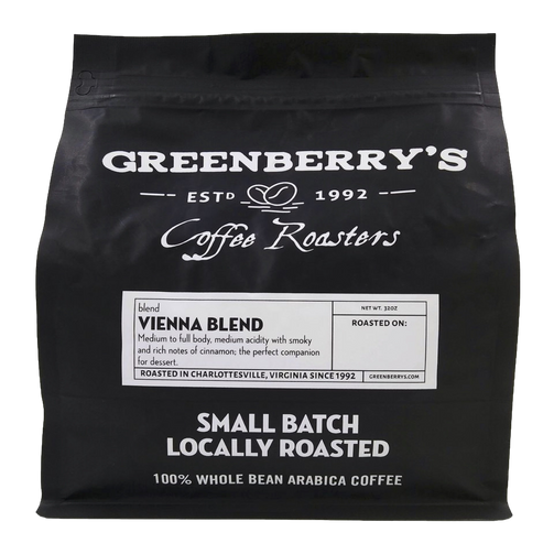 Greenberry’s Whole Bean Coffee Vienna Blend – small-batch, hand-roasted craft coffee from the heart of the Blue Ridge Mountains of Charlottesville, VA. Central Virginia’s oldest continuously running coffee roaster, since 1992.